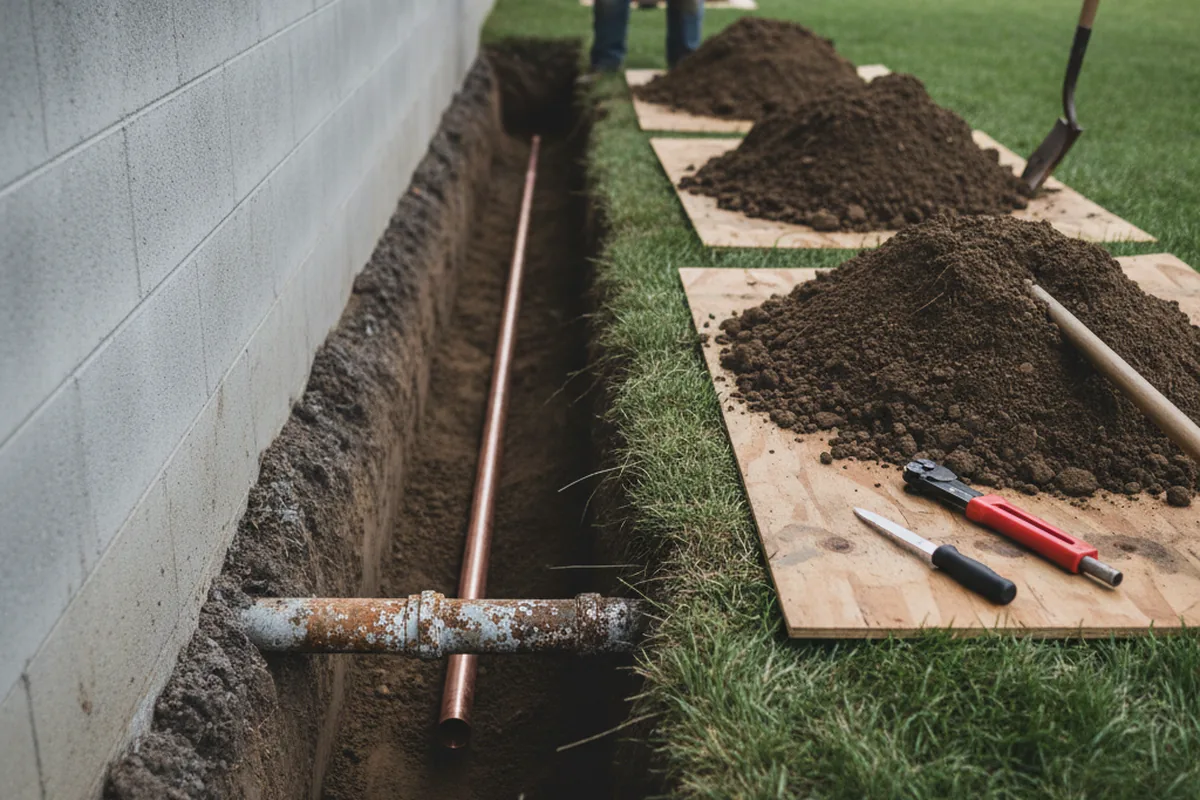 Excavated water line trench during Water Heater Repair in Lutherville Timonium